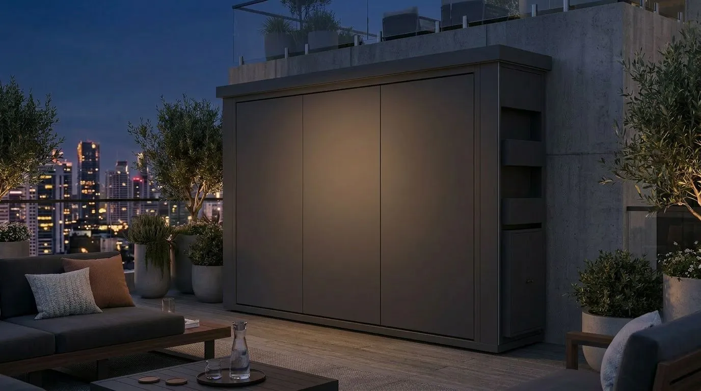 La même cuisine Baxalt refermée, capot rabattu, sur une terrasse le soir