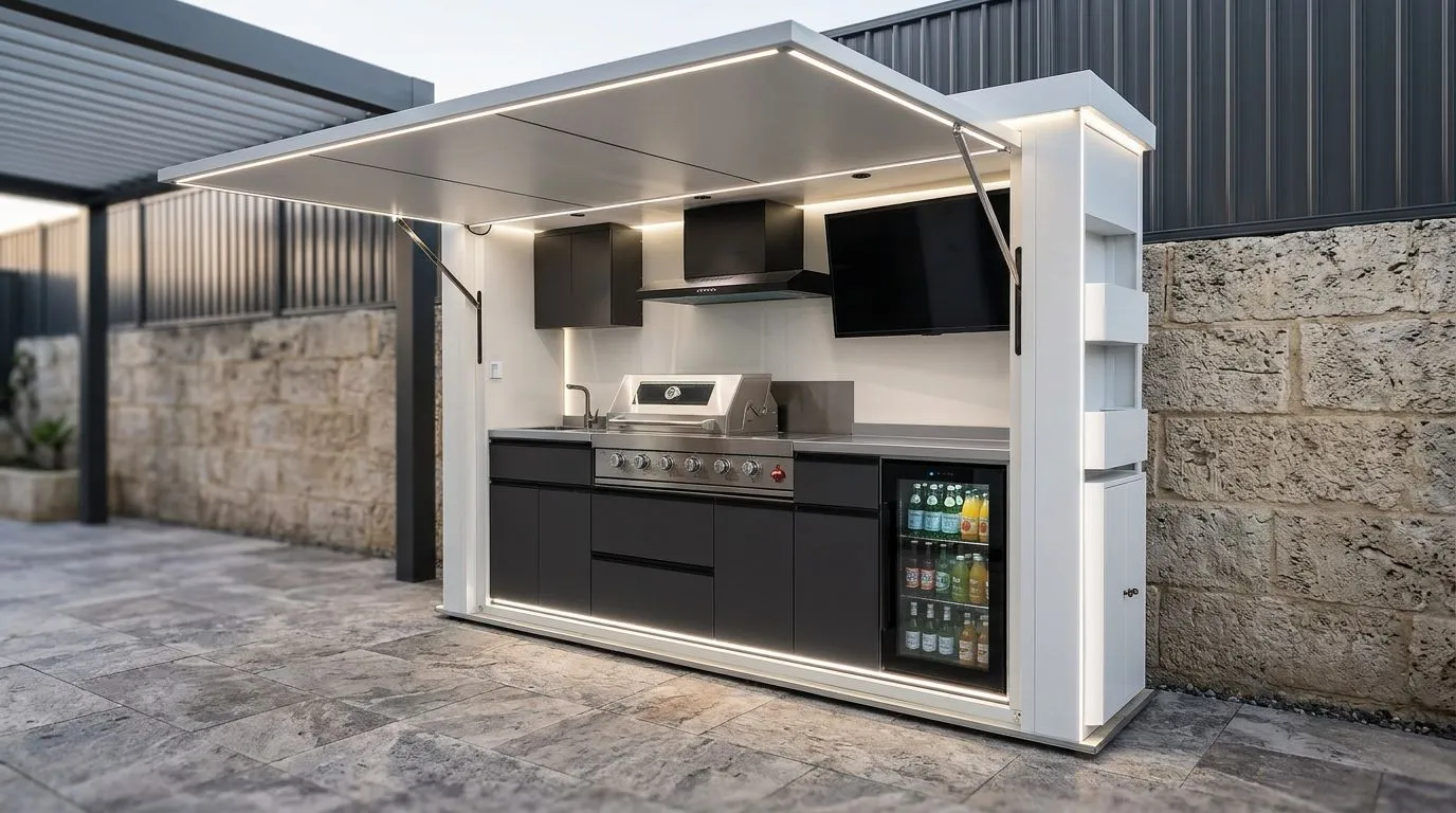 Cuisine extérieure Baxalt Premium ouverte, capot relevé au-dessus du plan de travail